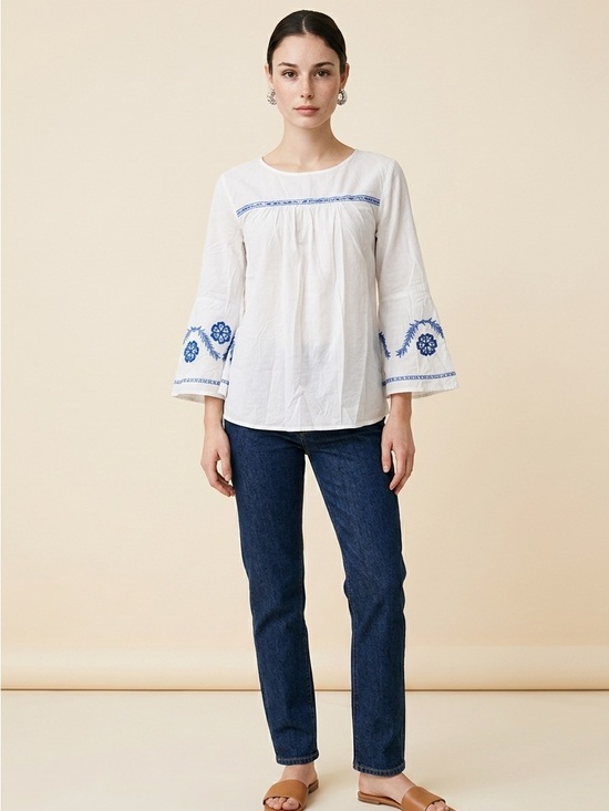 LOFT Tops - Loft White Cotton Bell Sleeve Blouse with Blue Embroidery